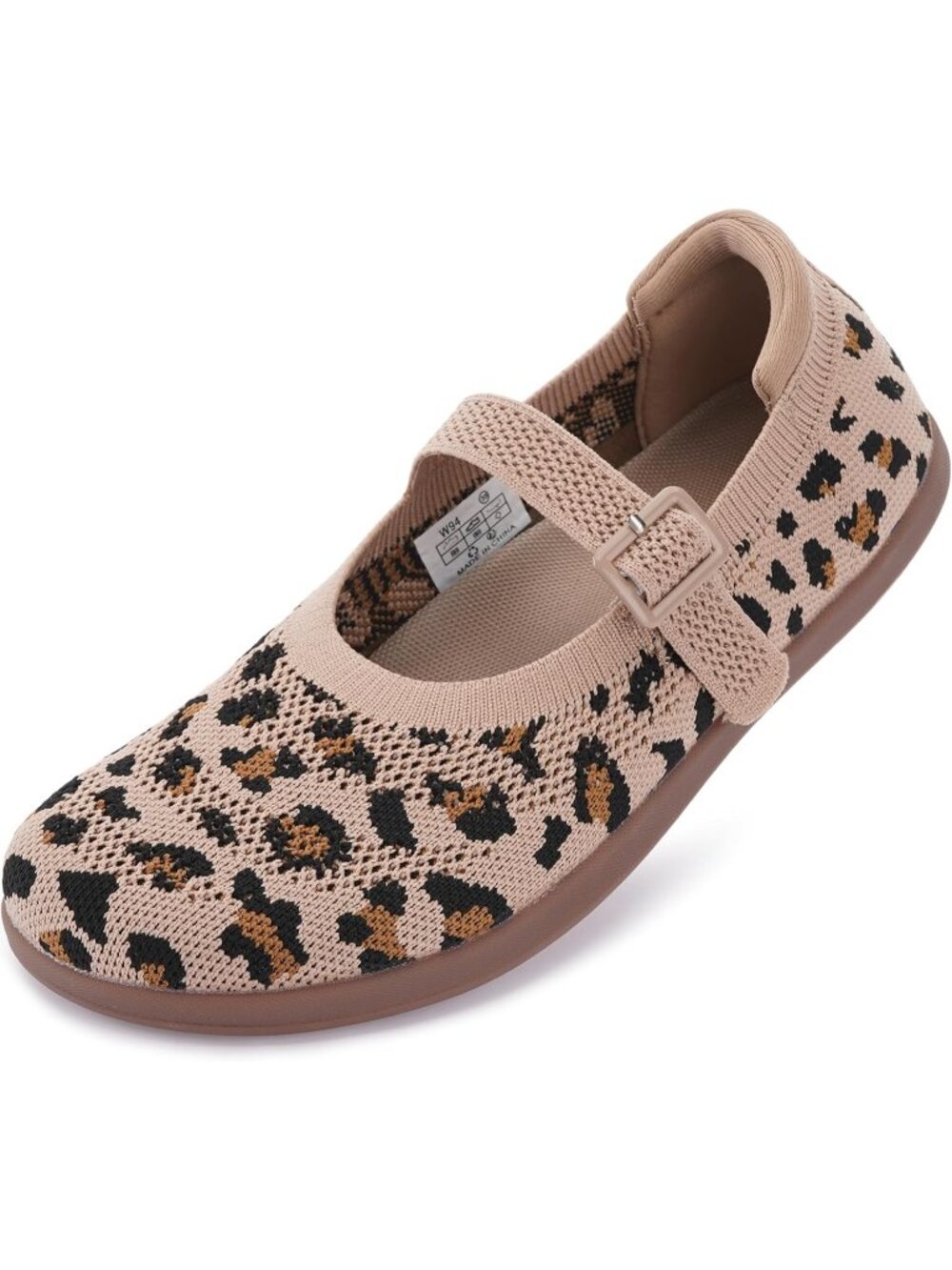 Women's Leopard Knit Mary Jane Wide Toe Box Zero Drop Sole Adjustable Strap Flat